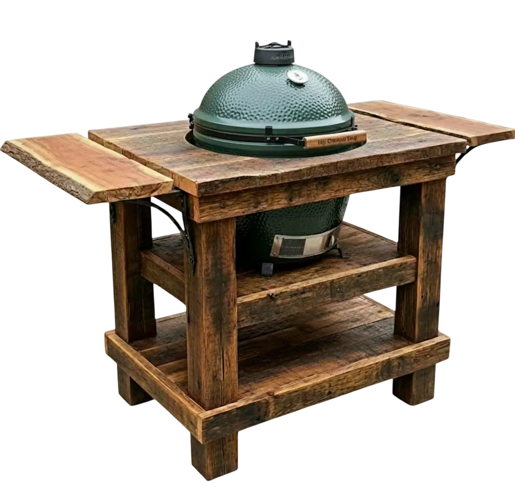 Big Green Egg smoker with smoke rising. Activate to open the lid.